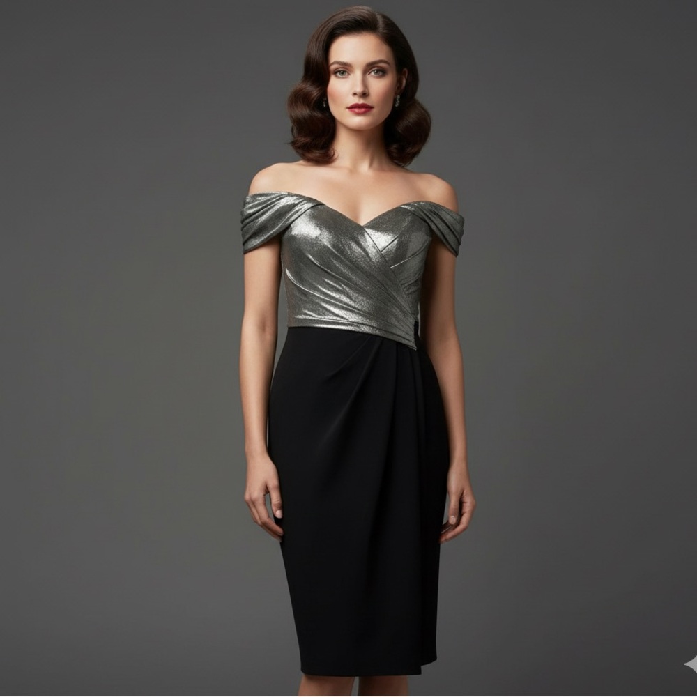 RENE RUIZ COLLECTION Colorblocked Metallic Trim Draped Knee Dress size 4